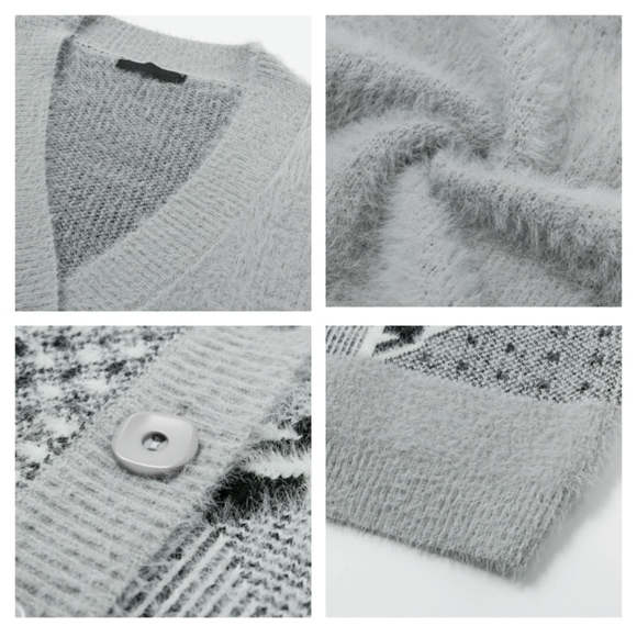 Grey Fuzzy Houndstooth Button Up Cardigan - Picture 6 of 7